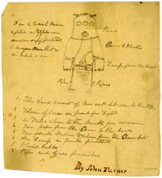 Drawing of safety suit for miners by John Turner and John Turner junior, Wentworth