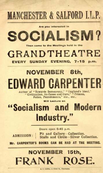 Flier for a lecture by Edward Carpenter on Socialism and Modern Industry for Manchester and Salford Independent Labour Party