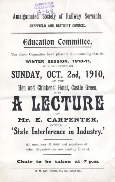 Flier for a lecture by Edward Carpenter on State Interference in Industry for The Amalgamated Society of Railway Servants, Sheffield and District Council