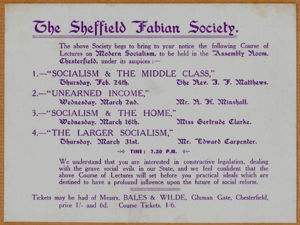 Flier for a lecture by Edward Carpenter on The Larger Socialism for Sheffield Fabian Society, 31 Mar [possibly 1910]