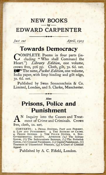 Flier - new books by Edward Carpenter - Towards Democracy, and Prisons Police and Punishment
