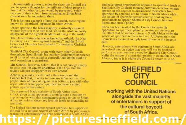Sheffield City Council Against Racism and Apartheid - leaflet produced by Sheffield Council, 1980s