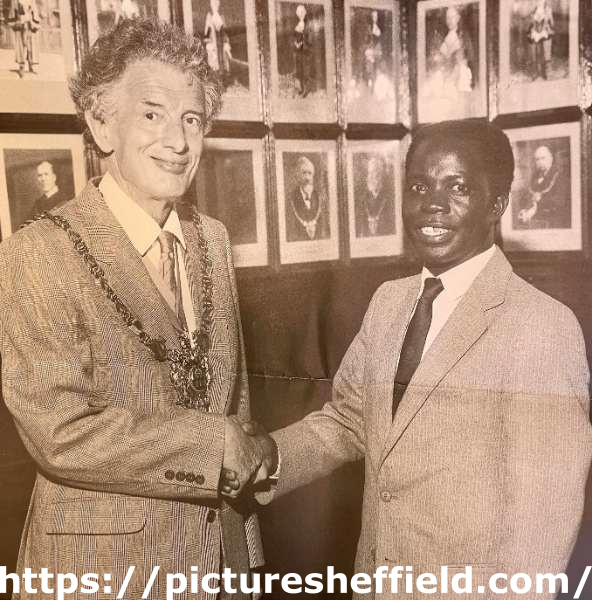 The Lord Mayor's Kitwe [Zambia] Health Clinic Appeal, Lord Mayor (Peter Horton) meeting Mr Chisanga, the Chief Health Inspector of Kitwe, [1987]