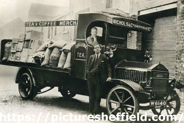 Motor lorry of Nichols and Co. (Sheffield) Ltd., wholesale grocers and tea, coffee and fruit merchants, Shalesmoor, Sheffield, pictured in Ward Street, Sheffield [c. 1920]