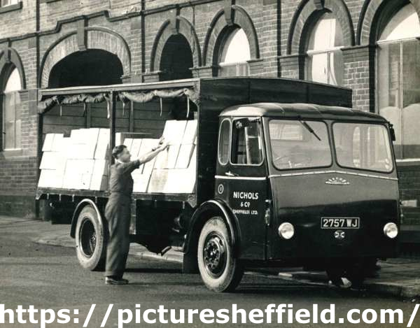 Motor lorry of Nichols and Co. (Sheffield) Ltd., wholesale grocers and tea, coffee and fruit merchants, outside company premises at Shalesmoor (on corner with Shepherd Street), Sheffield, [c. 1960]