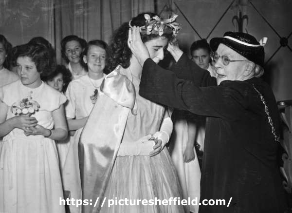 John Henry Bingham, Lord Mayor of Sheffield, 1954-1955: Wisewood Secondary School, Rural Lane, May Festival showing Lady Mayoress, Mrs Bingham