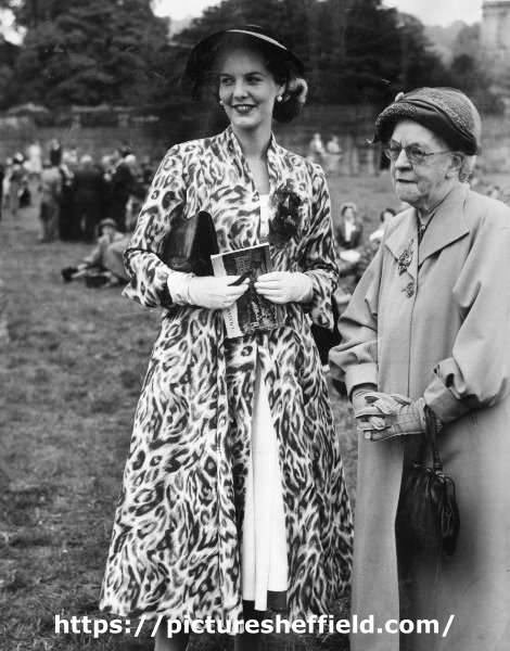 John Henry Bingham, Lord Mayor of Sheffield, 1954-1955: Women's Gas Federation, Garden Party, Chatsworth Park showing (left) Miss Patricia Cutts and (right) Lady Mayoress, Mrs Bingham