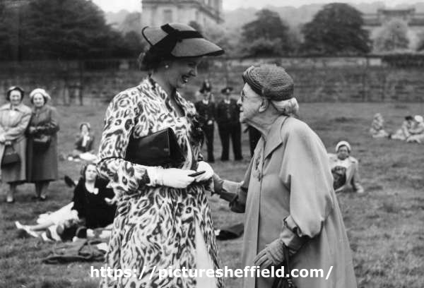 John Henry Bingham, Lord Mayor of Sheffield, 1954-1955: Women's Gas Federation, Garden Party, Chatsworth Park showing (left) Miss Patricia Cutts and (right) Lady Mayoress, Mrs Bingham
