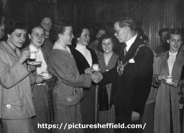 John Henry Bingham, Lord Mayor of Sheffield, 1954-1955: Receiving party of girls from Bochum [Germany], Town Hall