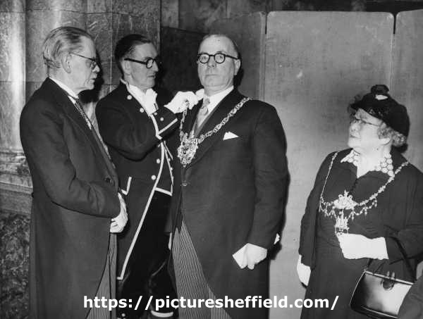 John Henry Bingham, Lord Mayor of Sheffield, 1954-1955: Installation day [Installation of new Lord Mayor, Alderman Joseph Curtis and Lady Mayoress, Mrs Curtis]