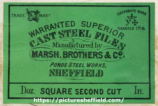 Label for warranted superior cast steel files, square second cut, manufactured by Marsh Brothers and Co.[Ltd.], steel manufacturers, Ponds Steel Works,[Shude Lane], Sheffield, England, c.1906
