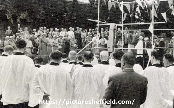 Laying of foundation stone by Mrs Norah Boot JP and outdoor ceremony for new Parish Hall, All Saints C. of E. Church, Ecclesall Road South