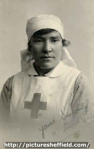Nurse Lund [possibly Nellie Lund], Voluntary Aid Detachment, British Red Cross worked at the Firshill Military Hospital'