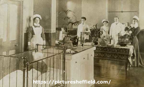 Block 8 Nursery, City General Hospital (later known as the Northern General Hospital), Fir Vale showing (2nd left) Marion Stokes, anaesthetist