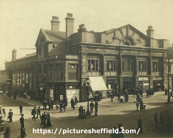 New west end to the Norfolk Market Hall, Haymarket showing (centre) T. P. Rodgers, music and musical instrument warehouse and (right) The People's Boot Market