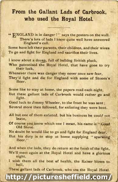 Poem entitled 'From the Gallant Lads of Carbrook who used the Royal Hotel'
