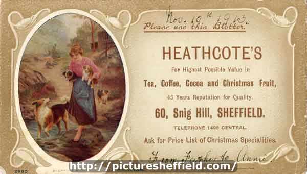 Advertising postcard for M. A. Heathcote, grocers, No. 60 Snig Hill, c. 1913