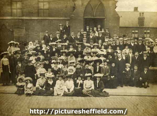 Group outside St. Peter's Mission Free Church (latterly Church of the Nazarene), Fitzroy Road, Heeley
