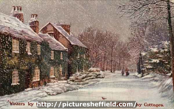 'Winter's Icy Grip', postcard of Ivy Cottages, Bowser Bottom, next to Wire Mill Dam, looking towards Whiteley Wood Road