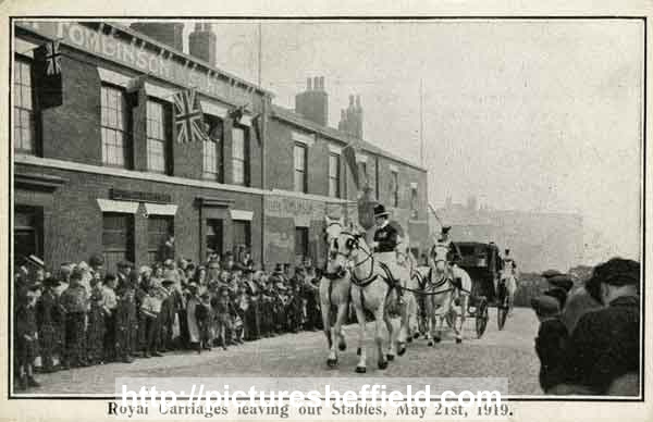 Royal carriages leaving the stables of Joseph Tomlinson and Sons, Bedford Street