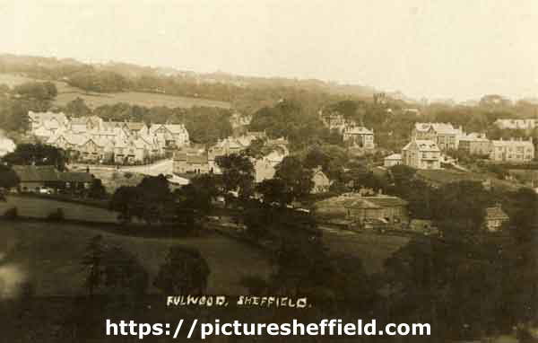 Fulwood showing (left) Crimicar Lane, (back right) Christ Church C. of E. Church (Fulwood) and (right centre) Brookhouse Hill