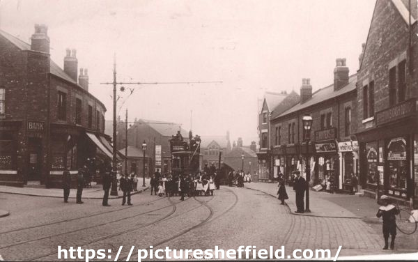 Tram at Darnall Tram Terminus, Staniforth Road, showing (right) No. 642, Arthur James Appleton, chemist and (left) No. 689 York City and County Bank on the corner of Irving Street