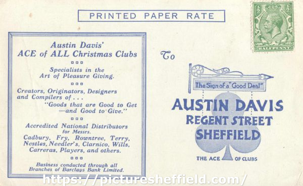 Advertising postcard for Austin Davis, christmas club organisers, Regent Street