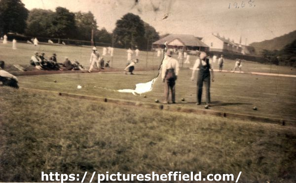 Unidentified cricket ground and pavilion and bowls match, possibly off Abbeydale Road South