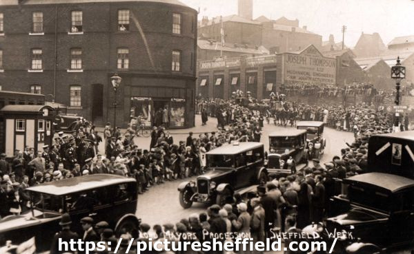 Lord Mayors procession, Sheffield Week showing (back right) Joseph Thompson (Sheffield) Ltd., mechanical engineers and saw manufacturers, Townhead Street