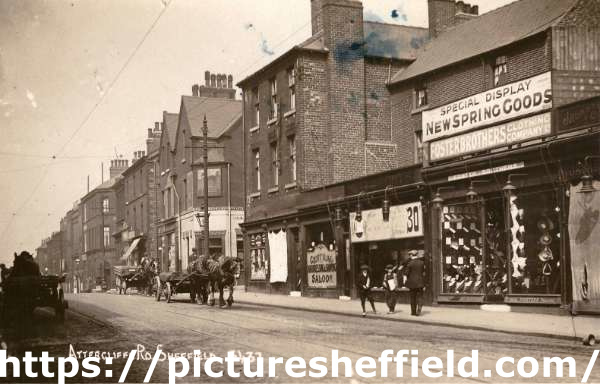 Attercliffe Road - showing No. 638 Horse and Jockey public house (licensee Henry Justice jnr.), Baltic Road, Central Saloon, hairdressers and Foster Brothers, outfitters