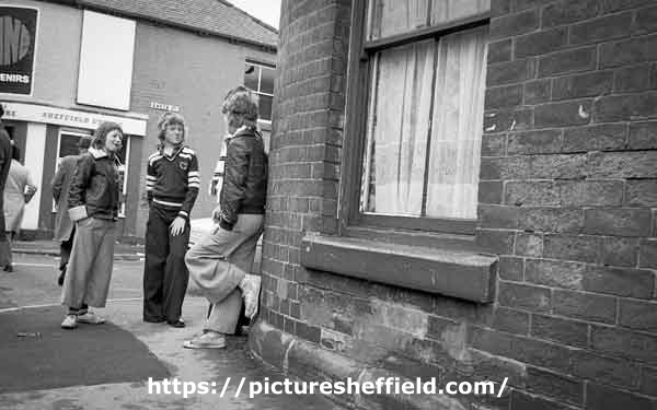 Match day [at Sheffield United FC], junction of John Street and (left) Baron Street, c.1970s
