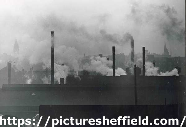 Smoke and chimneys above George Senior and Sons Ltd., steel manufacturers, Ponds Forge, Sheaf Street