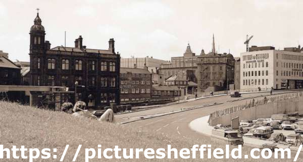 Commercial Street from Sheaf Street showing (left) Electricity Supply Offices, Wheel Hill, (centre) Marsh Brothers and Co. Ltd., steel engineers tools, Ponds Works, Shude Lane and (right) Commercial Street Bridge and Barclays Bank