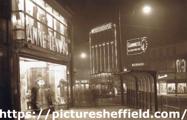 Tram on Fargate, ('Meadowhead via Pitsmoor'), showing (left) Nos. 62 - 64 Anne Lennard Ltd., costumiers, (centre) Nos. 33-35 James Woodhouse and Son, house furnishers, Nos. 41-43, W.P. Kenyon, estate agents
