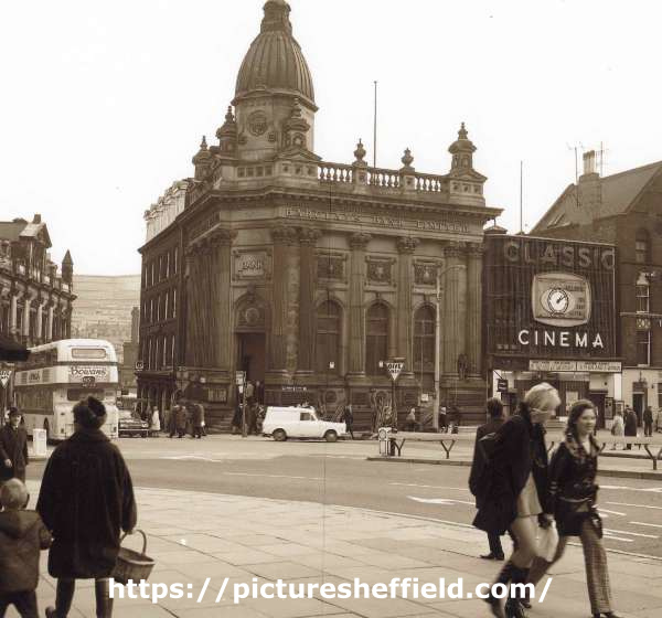 View from High Street of Barclays Bank, corner of (left) Commercial Street and Fitzalan Square and the Classic Cinema (formerly the Electra Palace), Fitzalan Square