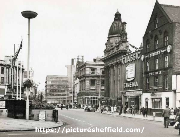 Fitzalan Square looking towards junction with High Street, Commercial Street and Haymarket showing (centre) Barclays Bank, the Classic Cinema (formerly the Electra Palace) and (right) the Bell Hotel