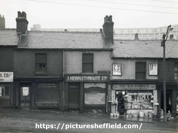Shops on Duke Street showing (l. to r.) No.102 H. Thomas, horse flesh dealers, No. 100 J. Hebblethwaite Ltd., wholesale confectioners and No. 98 G. D. Stores, chandlers
