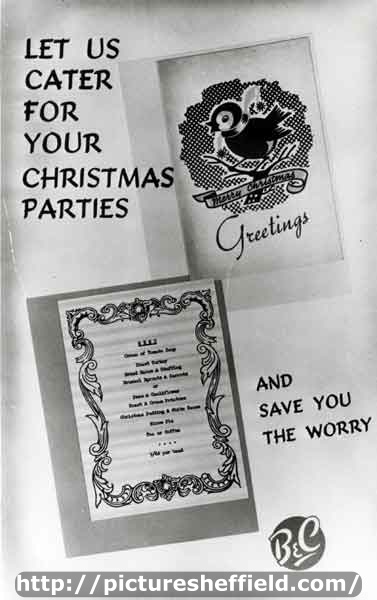 'Let us cater for your Christmas parties...and save you the worry'. In store advertising poster, Brightside and Carbrook Cooperative Society, c.1950-1963