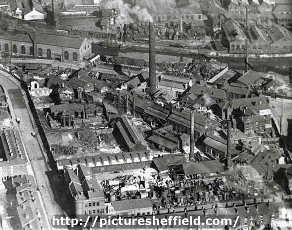 Aerial view of bomb damage in Attercliffe area showing (centre right) Sheffield Smelting Co. Ltd., Royds Mill Street