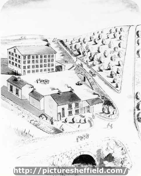 Drawing of original building of Samuel Fox and Co. Ltd., Stocksbridge Works