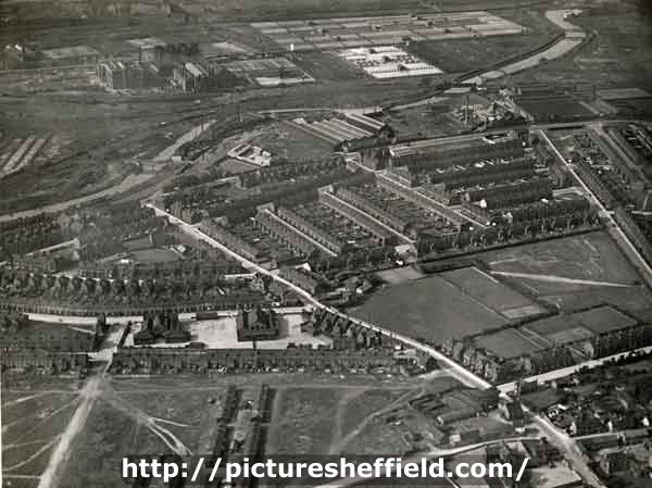 Aerial view of Tinsley showing (bottom left) Tinsley Munitions Huts and Tinsley Infants School