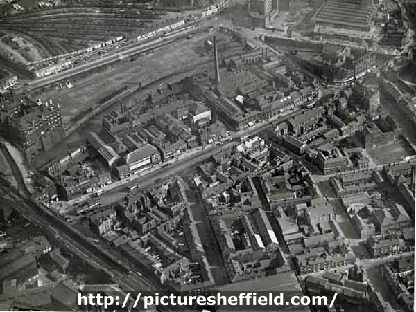 Aerial view of the Wicker area showing (centre left) Royal Victoria Hotel, (top centre) Arthur Balfour and Co., Willey Street and (top right) Castle Markets