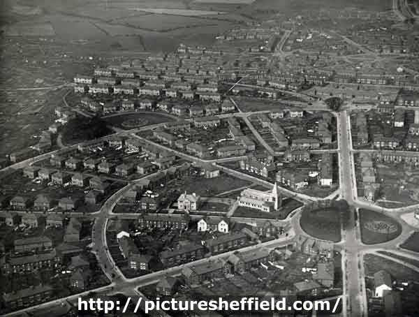 Aerial view of Manor Estate showing (centre) St. Swithun C. of E. Church, No. 2 Cary Road 