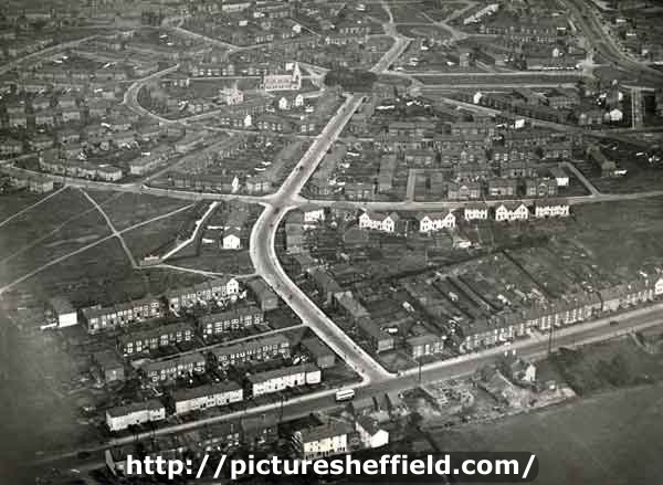 Aerial view of the Manor Housing Estate showing (bottom) City Road and (top centre) St. Swithun C. of E. Church, No. 2 Cary Road
