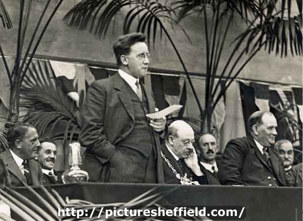 Possibly Herbert Morrison delivering a speech at unidentified location