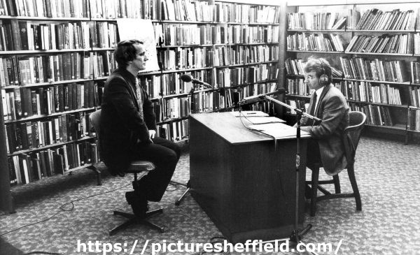 Radio Sheffield presenter Michael Cooke (right) interviews Councillor David Brown, Music Library, Central Library