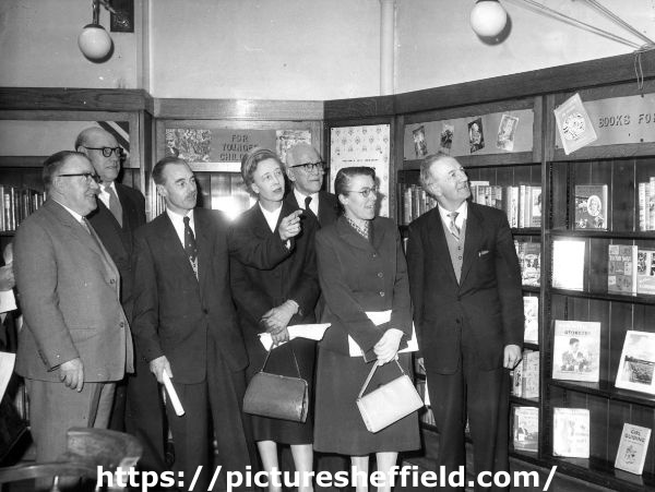 Visiting councillors at a display of books in the Central Library, Surrey Street 
