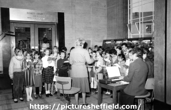 Children carol singing, entrance foyer, Central Library, Surrey Street 