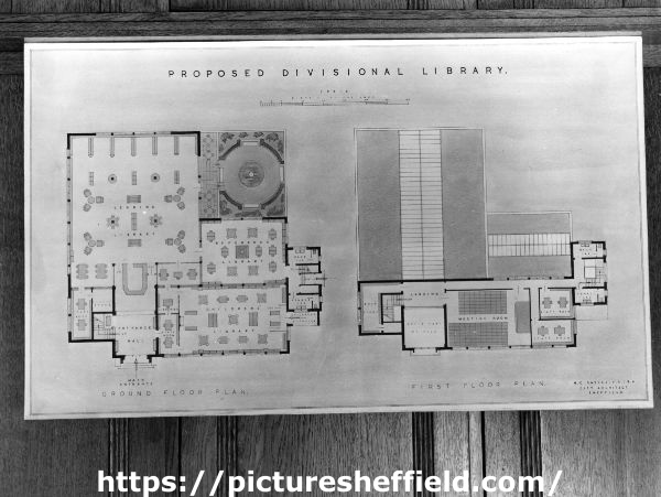 Architects drawing of a 'Proposed Divisional Library' at the Town Planning Exhibition, 19th July - 31th August, 1945, No. 3 Gallery, Graves Art Gallery, Surrey Street