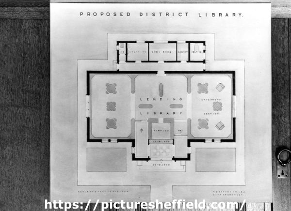 Architects drawing of a 'Proposed District Library' at the Town Planning Exhibition, 19th July - 31th August, 1945, No. 3 Gallery, Graves Art Gallery, Surrey Street